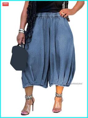 Women's Cropped Barrel Jeans High Elastic Waist Loose Denim Pants